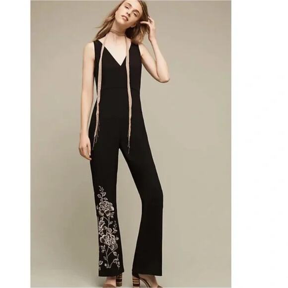 Anthropologie HD Paris Embroidered Black Jumpsuit 8 Boho Floral Wide Leg Vneck - Picture 1 of 13